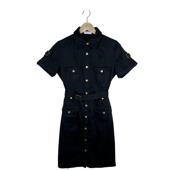 Calvin Klein Belted Safari Mini Dress Sz 8 Black Button-Front Utility Military - Picture 2 of 10